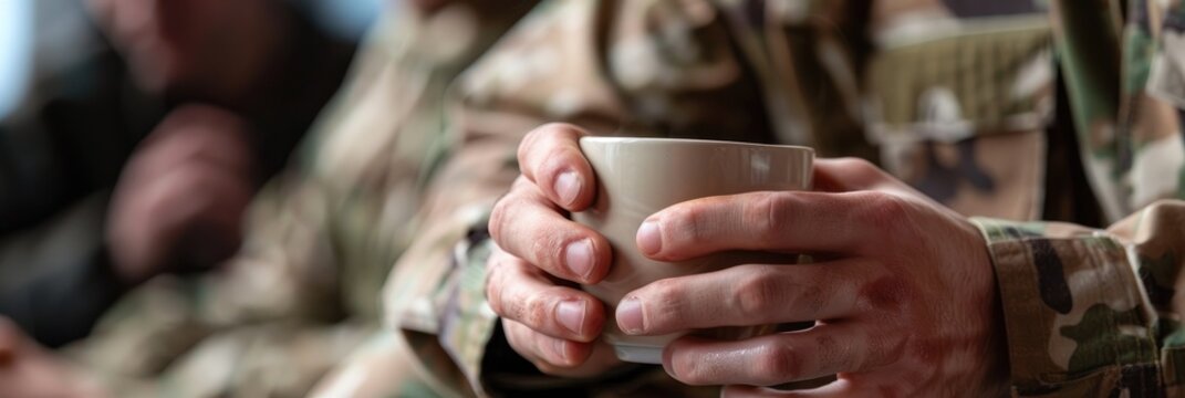 Close up of veteran s hands holding a cup of coffee at a PTSD support group