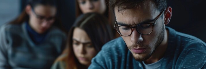 Fototapeta premium Group therapy participants supporting new member to share during a meeting at mental health center Focus on young man s face Copy space available