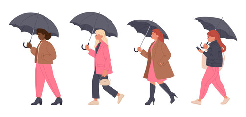 Women walking under umbrella. Female characters under rain with umbrellas, ladies walking under umbrella flat vector illustration set. Rainy season walking © GreenSkyStudio