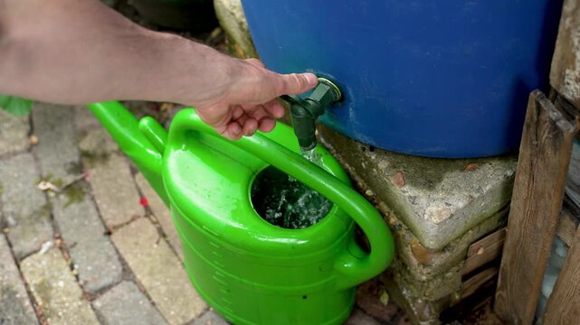 Filling watering can with water from rain barrel, saving and reusing rainwater 