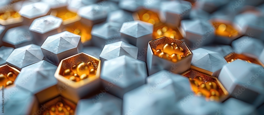 Poster abstract hexagon pattern with golden spheres
