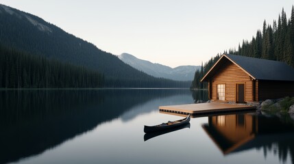 Fototapeta premium Serene lakeside cabin at sunrise, surrounded by mountains and calm waters, perfect for relaxation and nature retreat.
