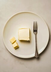 A white plate topped with a piece of butter and a fork