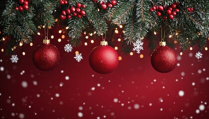 Fototapeta premium Elegant Christmas decorations hang from a tree against a vibrant red background