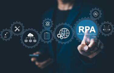 RPA, Robotic Process Automation System Concept. Businessman interacts with RPA icons, representing...