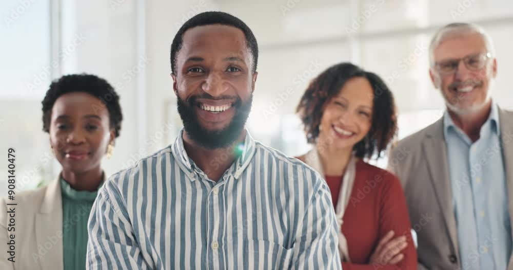 Poster Business people, happy and teamwork in office with arms crossed for leadership, corporate confidence and pride. Professional portrait, laughing and management with smile at workplace for partnership