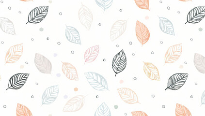 Seamless pattern with cute doodle leaves and dots in pastel colors on a white background, in the hand drawn style, flat design using simple shapes, vector illustration with no shadows or...