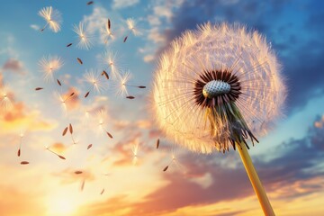 Fototapeta premium The enchanting scene of dandelion seed dispersal occurs beautifully at sunsets glow. A dandelion puff gently releasing its delicate seeds beautifully against a vibrant and colorful sunset sky