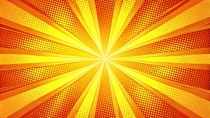 Retro pop art sunburst with halftone dots. Dynamic yellow red comic book background