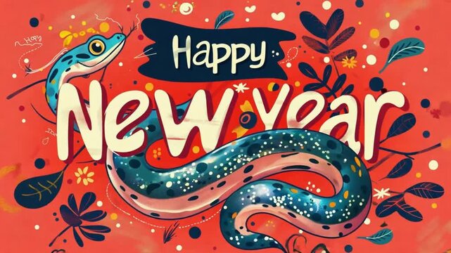 Vibrant New Year 2025 greeting card with snake illustration.