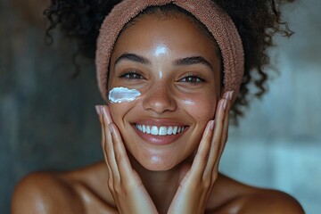 Woman smiling and applying facial cream, Generative AI