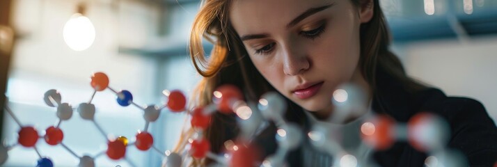 Young woman studying molecular model in chemistry lab