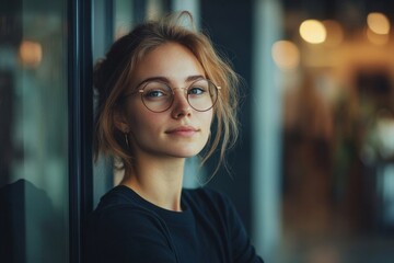 Obraz premium Female data analyst standing in an office and looking outside the window, Generative AI