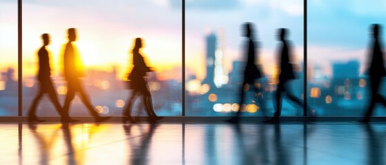 Business people walking through a modern building at sunrise. The blurred motion emphasizes the bustling and energetic start of the day in an urban setting.
