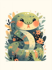 Cute Cartoon green Snake isolated on a white background	