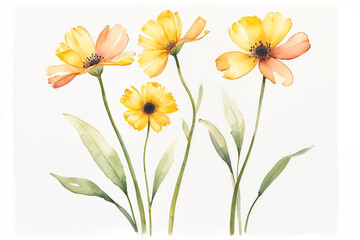 Yellow and orange flowers with green stems and leaves on a white background. Watercolor illustration. Springtime and floral concept for design and print.