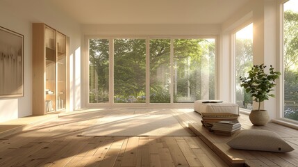 Fototapeta premium Sunlight Streaming Through Large Windows in a Modern Minimalist Living Room, Interior Design, Modern Architecture, Minimalist Style, Natural Light