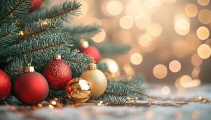 Obraz premium A beautifully decorated Christmas tree adorned with red and gold decorations is placed on a table
