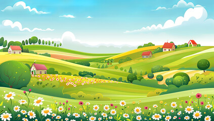 Cute cartoon vector style landscape view of farm fields with houses and trees, rolling hills and meadows with wildflowers, with a clear sky, detailed and colorful illustration, vibrant colors,...