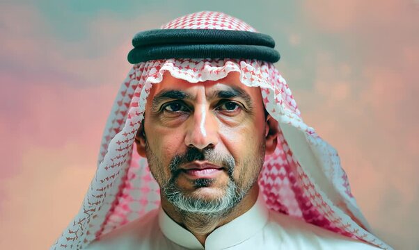 Portrait of a Saudi Arabian man in his 40s in a pastel or soft colors background wearing a foulard