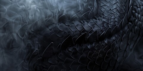 Abstract background with dragon scales and mystical fog on black backdrop, dramatic and dark shades,  mysterious atmosphere.