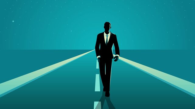 Motion graphic of a businessman walking down the middle of a road at night