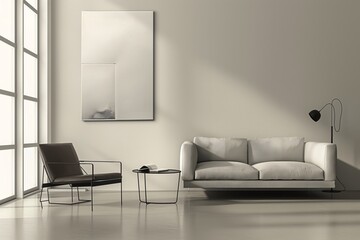 A minimalist living room with sleek furniture creates a serene, elegant, and organized design. A stylish minimalist living room that showcases a comfortable sofa chic chair and stunning modern artwork