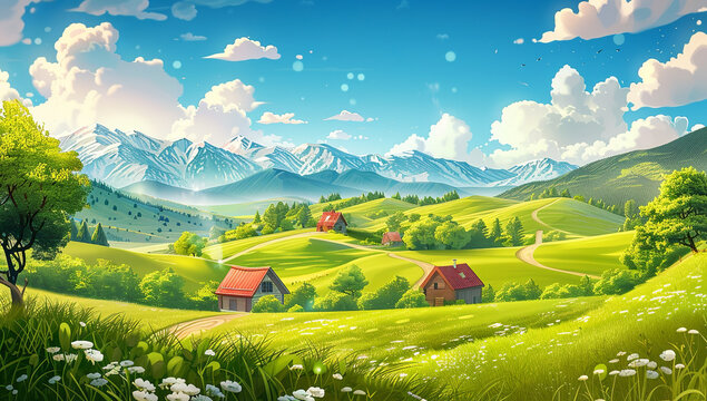 Cartoon illustration style, green grassy fields with small houses and mountains in the distance, blue sky, white clouds, bright colors, high saturation, perspective effect, cartoon characters on...