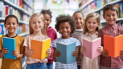 Diverse elementary students happily smile in the library, holding colorful books, eager to learn and explore through reading. Joyful childhood education moment