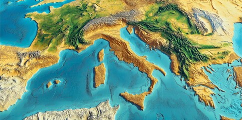 A highly detailed topographical map showcasing the diverse landscapes of Southern Europe, including the Alps, the Italian Peninsula, and the Mediterranean coastline