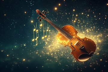 Fototapeta premium A Magical Violin Surrounded by Musical Notes Floating Beautifully in the Vastness of Space. A beautifully crafted violin against shimmering stars and flowing notes inspires enchanting magic of music