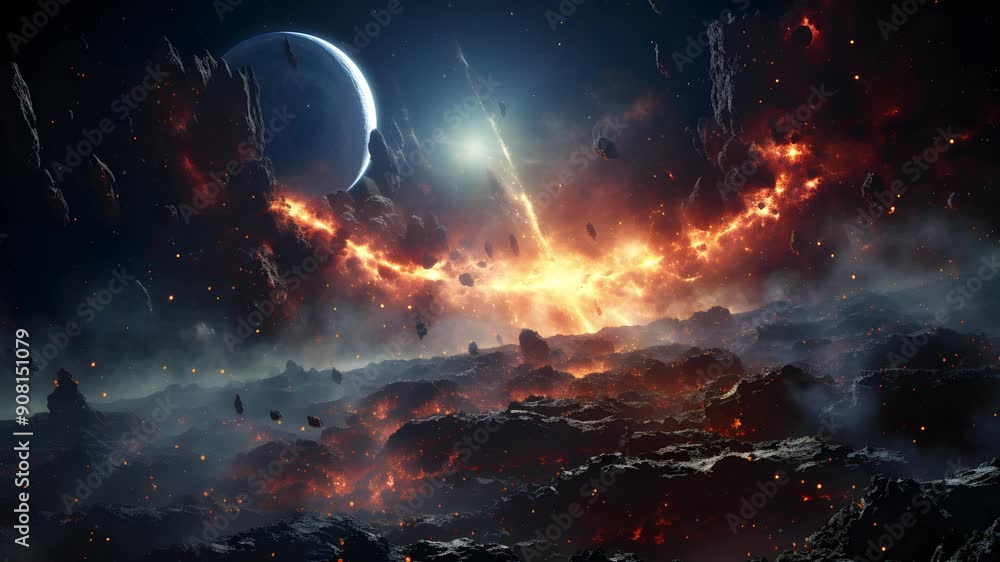 Poster a fiery and chaotic scene in space with asteroids colliding and a planet in the distance. it is a be