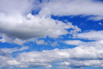 Blue sky with clouds of different shapes. Cloudy overcast sky.