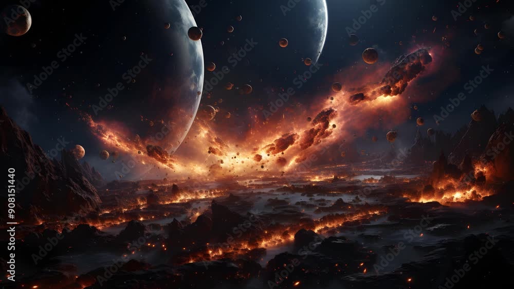 Poster a fiery and chaotic scene of a planet under attack from a meteor shower. the sky is filled with blaz