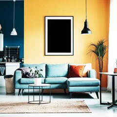 Modern minimalistic livingroom, bright colors, focus on one empty black frame
