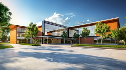 illustration of an American school on a sunny afternoon a little desolate