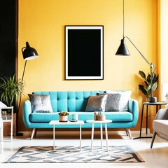 Modern minimalistic livingroom, bright colors, focus on one empty black frame