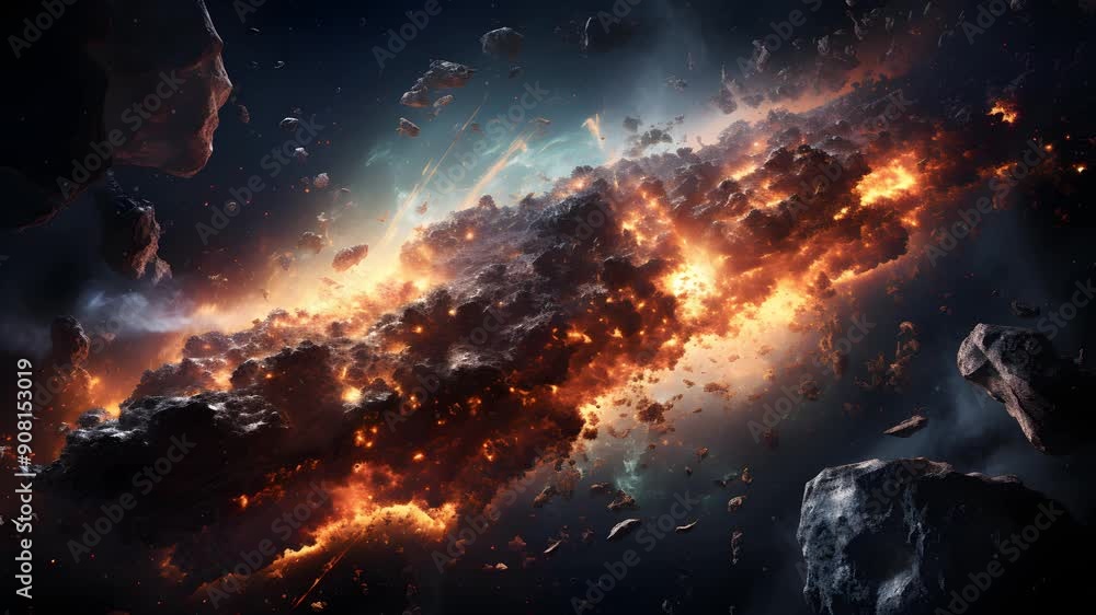 Poster a fiery explosion of a large space object. the explosion sends pieces of debris into the surrounding