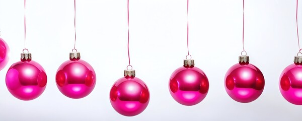 Bright pink ornaments hanging on red strings against a white background during the holiday season. Christmas ornaments