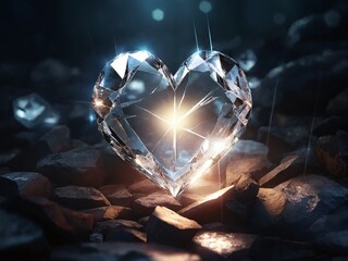 Fototapeta premium Glowing heart-shaped crystal sparkles among rocks in dim light