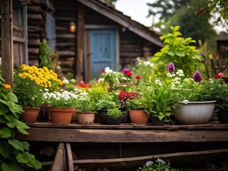 Colorful flower garden in front of rustic cabin on a bright sunny afternoon