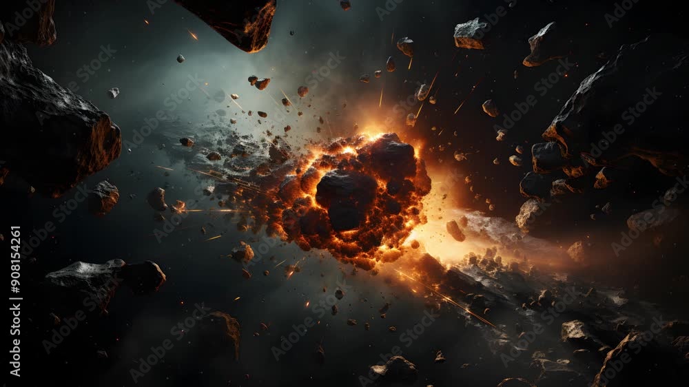 Poster a large asteroid explodes in space, creating a massive cloud of debris and fire.