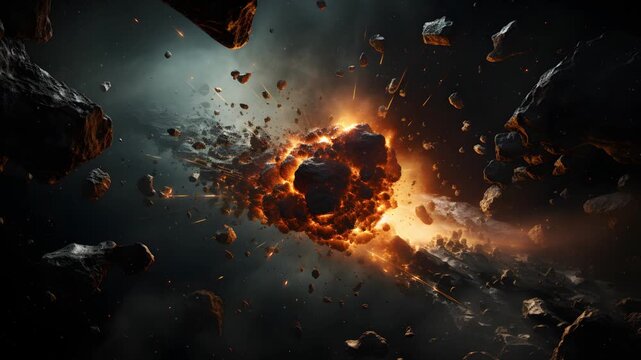 A large asteroid explodes in space, creating a massive cloud of debris and fire.