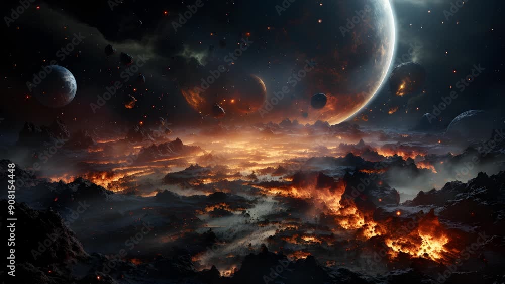 Poster a fiery, apocalyptic landscape on a distant planet with a large moon and a ringed planet in the back