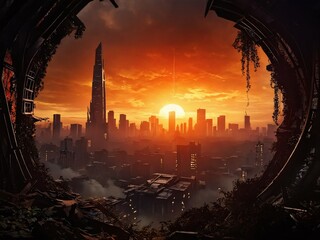 Naklejka premium Spectacular sunset over a futuristic cityscape surrounded by ruins and nature