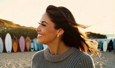 Medium shot portrait video of a satisfied woman in her 30s wearing a chic cardigan against a surf shop or beach activity background