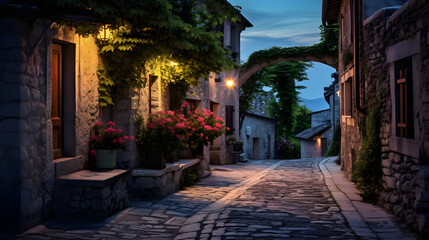 The Blissful Silence of a Twilight Village: A Tranquil Scene Touched by the Setting Sun