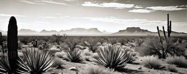 Stunning desert landscape with cacti and mountains at dusk in a black and white setting