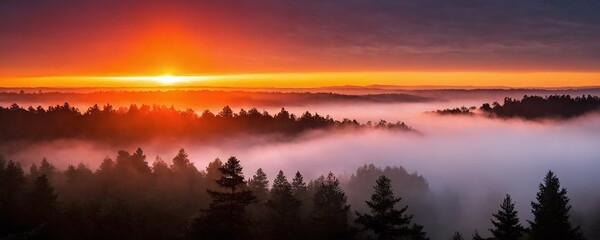 Obraz premium Vibrant sunrise over misty forest landscape in early morning light