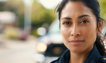 Obraz premium Hispanic female police officer in uniform, smiling confidently. Free copy space for text.